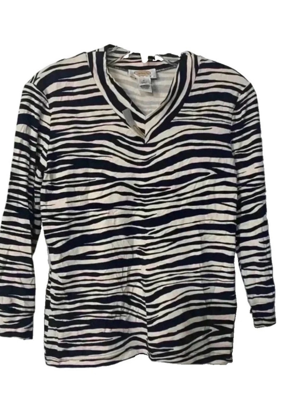 Talbots Women’s Zebra-Stripe 3/4 Sleeve V-Neck Top Black Beige Sz Petite